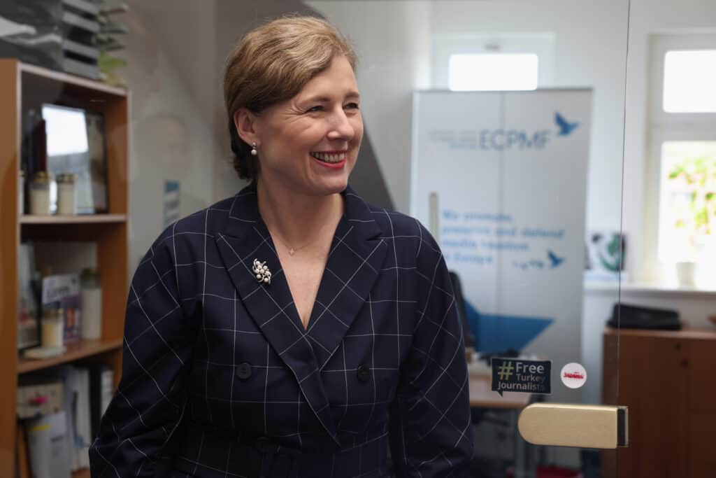 Vera Jourov·, Vice-President of the European Commission in charge of Values and Transparency, visits the European Centre for Press and Media Freedom (ECPMF) on June 1, 2022, in Leipzig, Germany.